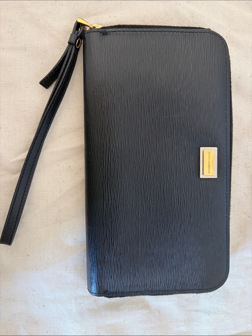 Dolce & Gabbana Black Zip-Around Wrist Wallet with Gold Plaque